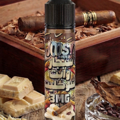 A bottle of 303.1 e-liquid with a black cap and a detailed flavor label, set on a rustic wooden table surrounded by cigars, tobacco leaves, and chocolate pieces.