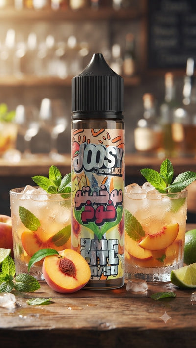 A bottle of Juicy E-liquid in the Peach Mule 40% strength flavor, styled on a rustic wooden bar counter with two glasses of iced peach cocktails garnished with mint.