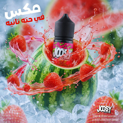 A bottle of Joosy Vapes e-liquid in the 'Meks' watermelon and strawberry flavor, shown with a dynamic splash of red liquid, fresh strawberries, and a sliced watermelon on a bed of ice. The background is a cool-toned, blurred watermelon and ice scene.