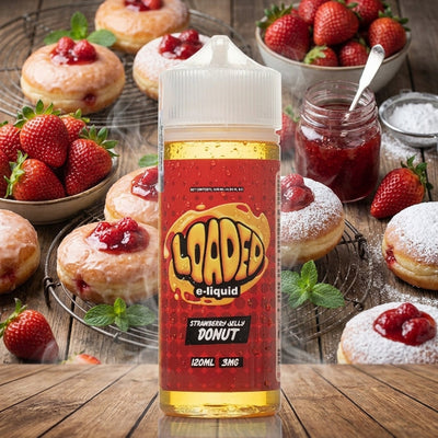 LOADED STRAWBERRY JELLY DONUT ELIQUID 120ml bottle with strawberry jelly donut graphics for Vape Egypt.