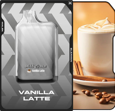 A vanilla latte flavored disposable vape device shown next to a cup of latte macchiato with cinnamon sticks and coffee beans on a warm beige background. The left side features a dark gray and black geometric pattern with the text 'MALIK' and 'VANILLA LATTE', while the right side shows the product in a warm, golden-brown color with latte art.
