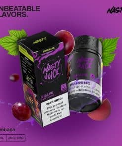 NASTY JUICE Grape flavor disposable vape and its packaging box, displayed against a vibrant purple background with floating grape illustrations.