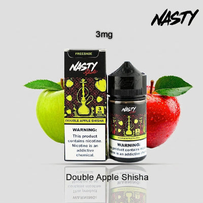Nasty Double Apple Shisha e-liquid 10ml bottle and packaging box displayed on a light gray background, flanked by a green apple on the left and a red apple on the right. The brand 'NASTY' is visible on the packaging and as a logo in the top right corner.