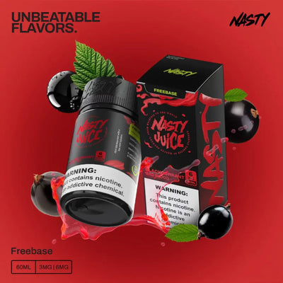Nasty Juice Freebase e-liquid bottle and packaging box on a red background, surrounded by blackberries and green leaves. The bottle and box are black with red and lime green branding, and warning labels are visible.