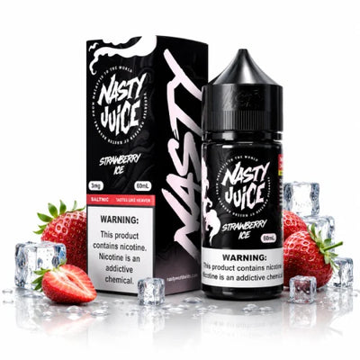 Nasty Juice Strawberry Ice e-liquid bottle and packaging box displayed on a reflective white surface with fresh strawberries and ice cubes. The bottle and box are black with white branding and flavor text.