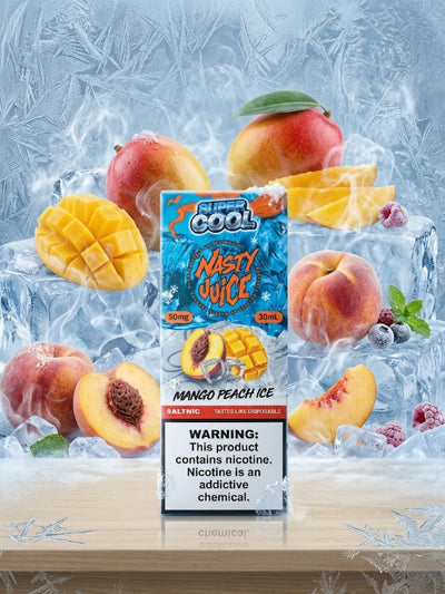 NASTY SUPER COOL MANGO PEACH ICE SALT ELIQUID bottle on top vape website.