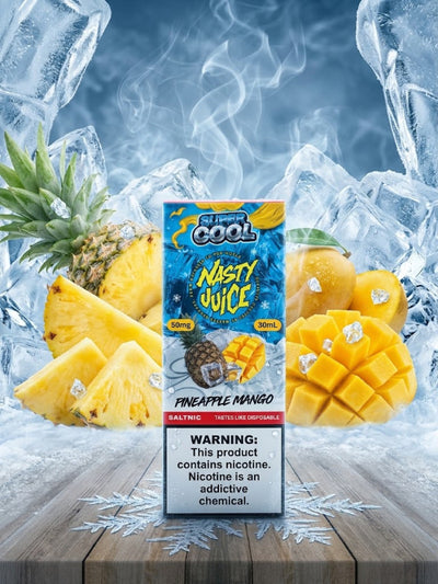 NASTY SUPER COOL PINEAPPLE MANGO SALT ELIQUID bottle on top vape website.