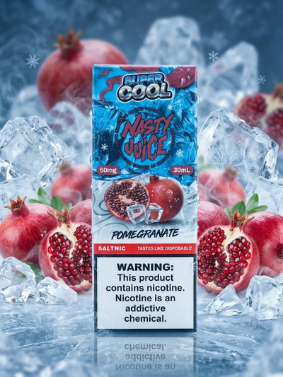 NASTY SUPER COOL POMEGRANATE SALT ELIQUID bottle on top vape website.