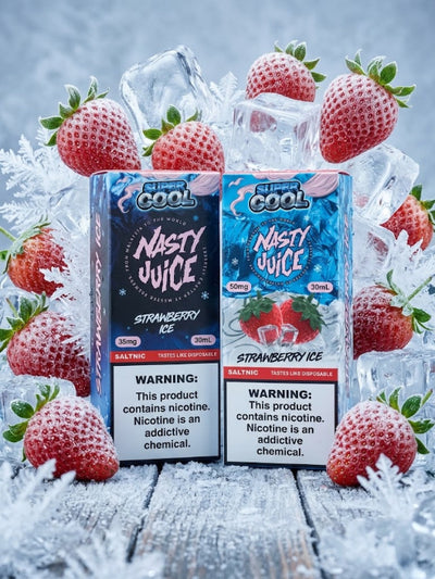 NASTY SUPER COOL STRAWBERRY ICE SALT ELIQUID bottle on top vape website.