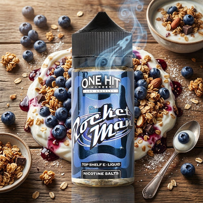 ONE HIT WONDER ROCKET MAN ELIQUID 100ml bottle with blueberry yogurt graphics for Vape Egypt.