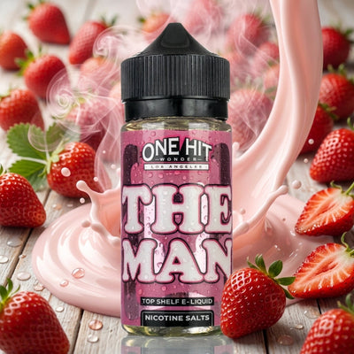ONE HIT WONDER THE MAN ELIQUID 100ml bottle with strawberry milk graphics for Vape Egypt.