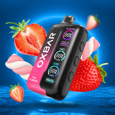 OXBAR vaping device with strawberry and cream elements on a blue background