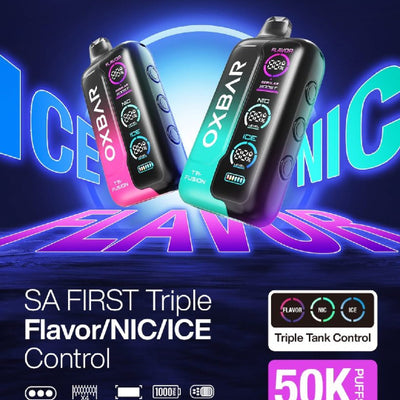 OXBAR vape devices with colorful display on a dark background