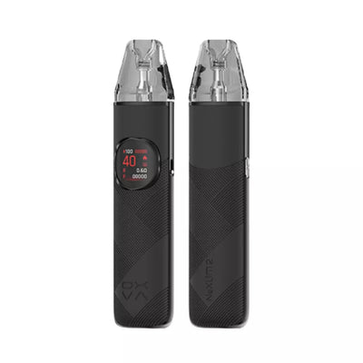 Black vape device with digital display on a white background