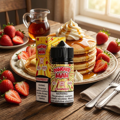PANCAKE MAN STRAWBERRY ELIQUID 100ml bottle with strawberry pancake graphics for Vape Egypt.