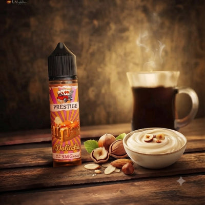 A bottle of Prestige Dalicha e-liquid stands on a rustic wooden table beside a bowl of whipped cream with nuts and a steaming mug, against a warm brown background.