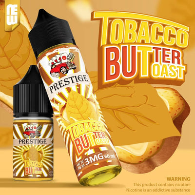 Two bottles of Prestige e-liquid in the Tobacco Butter flavor, shown against a stylized golden-yellow background with leaf graphics and flavor text.