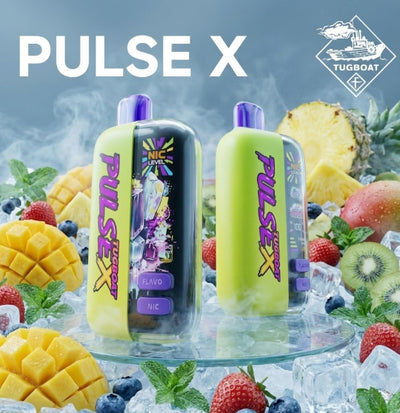 Two 'Pulse X' vape devices surrounded by fruits and ice on a blue background with 'Tugboat' branding.