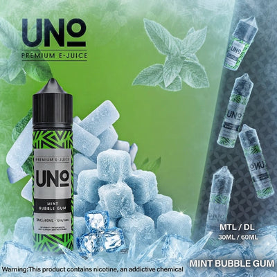 UNO Premium E-Juice Mint Bubble Gum e-liquid bottle shown with ice cubes and mint leaves on a green background, plus floating bottle renderings and flavor text.