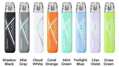 Eight disposable vape devices shown side by side in different colors with labels underneath: Shadow Black, Mist Gray, Cloud White, Coral Orange, Mint Green, Twilight Blue, Lilac Violet, and Grass Green. The vapes have a textured finish and silver metal tops.
