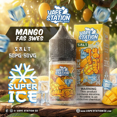 VAPE STATION FAS 3WES SUPER ICE SALT ELIQUID 30ML bottle showing Ismailia Eweisy mango artwork for Vape Egypt.