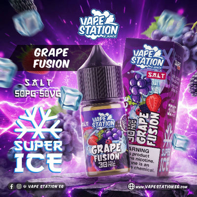 VAPE STATION GRAPE FUSION SUPER ICE SALT ELIQUID 30ML bottle showing grape and berry ice graphics for Vape Egypt.