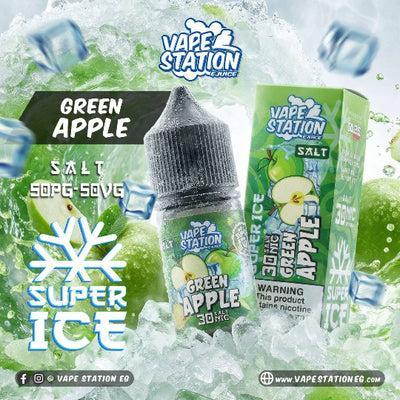 VAPE STATION GREEN APPLE SUPER ICE SALT ELIQUID 30ML bottle showing green apple ice artwork for Vape Egypt.