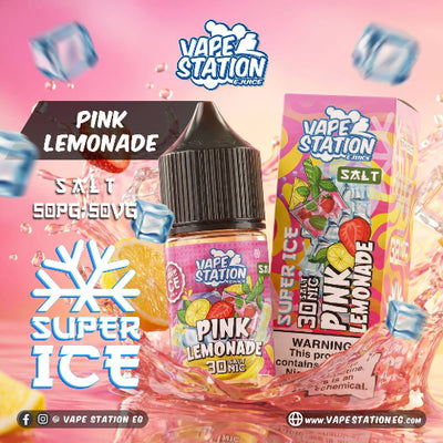 Vape Station E-juice Pink Lemonade Salt 30ml e-liquid bottle and its packaging box, featuring a vibrant pink and yellow design with illustrations of strawberries, lemons, and ice cubes, set against a dynamic pink background with liquid splash effects.