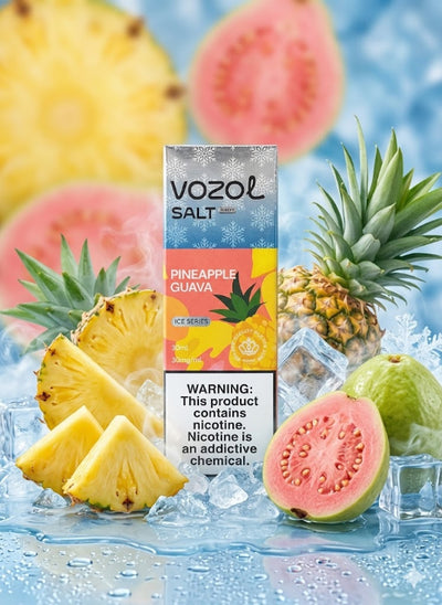 VOZOL Salt Pineapple Guava vape juice packaging with pineapple and guava fruits on a blue background