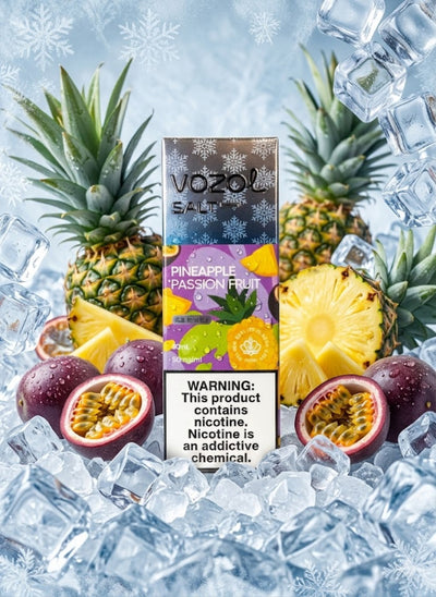 VOZOL Pineapple Passion Fruit vape juice packaging surrounded by pineapples and passion fruits on a icy background.