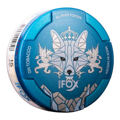 A round blue tin of GIN Tobacco White Fox All White Portion, featuring a geometric fox design with a crown and two lions on the lid, set against a plain white background.