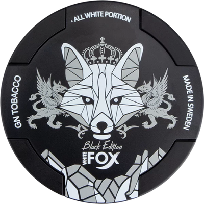 Round black product packaging with geometric fox design and branding text.