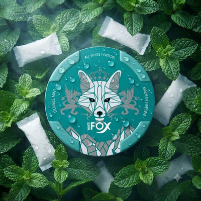 A round mint-green can of White Fox All-White Portion cold breath candy, surrounded by fresh mint leaves and water droplets. The can features a geometric fox logo and text indicating 'All-Blue Mint' and 'Made in Sweden'.