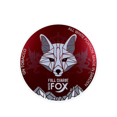 Round product label with geometric fox design on a red background