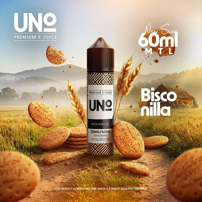 UNO Premium E-Juice bottle with cookies and wheat in a scenic background