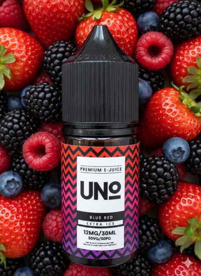 E-liquid bottle labeled 'UNO' surrounded by a mix of strawberries, blueberries, and blackberries.