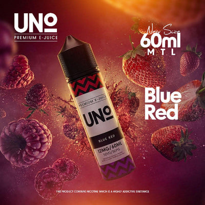 UNO Blue Red e-juice bottle with berries on a vibrant background