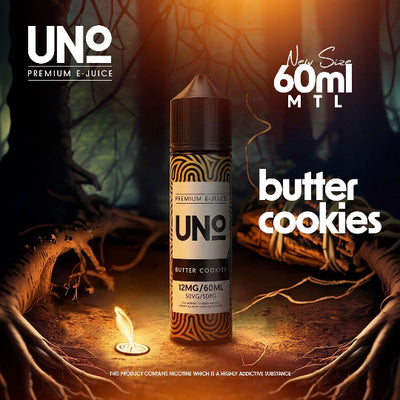 UNO e-juice bottle with 'butter cookies' flavor on a mystical background