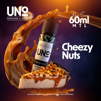 UNO Premium E-Juice bottle with 'Cheezy Nuts' flavor on a pie and liquid splash background