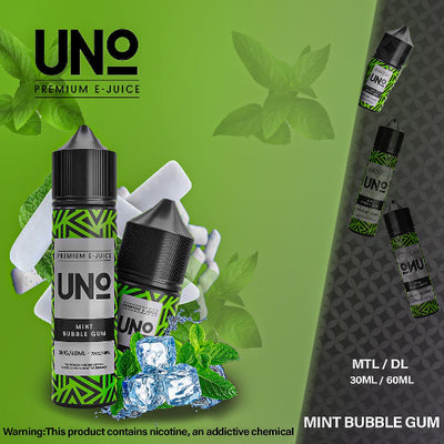 UNO Premium E-Juice bottles with mint and bubble gum theme on a green background