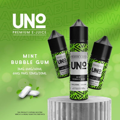 UNO Premium E-Juice bottles with green and black design on a green background