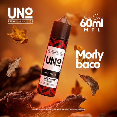 UNO Premium E-Juice bottle with autumn leaves on a warm-toned background
