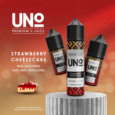 UNO Premium E-Juice Strawberry Cheesecake flavor bottles on a red and orange gradient background.