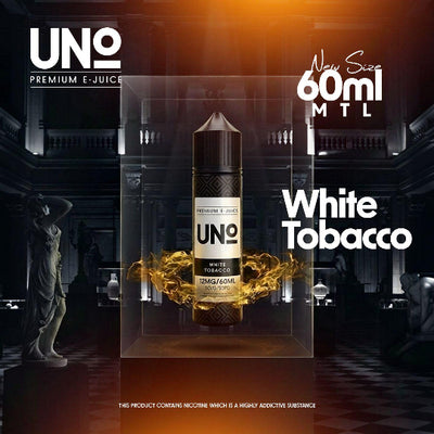 UNO White Tobacco e-liquid bottle with decorative background