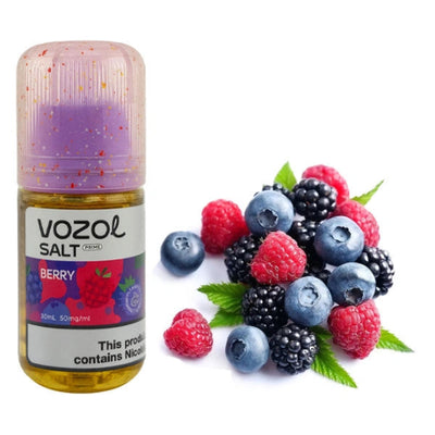 Vozol Salt berry-flavored vape juice bottle with a cluster of berries on a white background