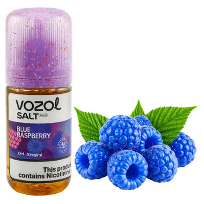 Vozol Salt Blue Raspberry vape juice bottle with blue raspberries and leaves on a white background