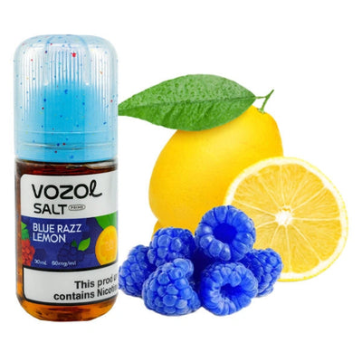 Vozol Salt Blue Razz Lemon vape juice bottle with lemons and blueberries on a white background