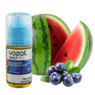 Vozol Salt Blueberry Watermelon vape juice bottle with a sliced watermelon and blueberries on a white background