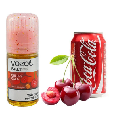 VOZOL cherry cola vape juice bottle with Coca-Cola can and cherries on a white background
