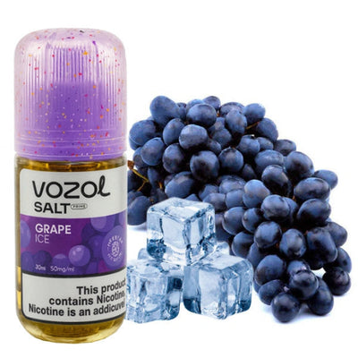 Vozol Salt Grape Ice vape juice bottle with grapes and ice cubes on a white background